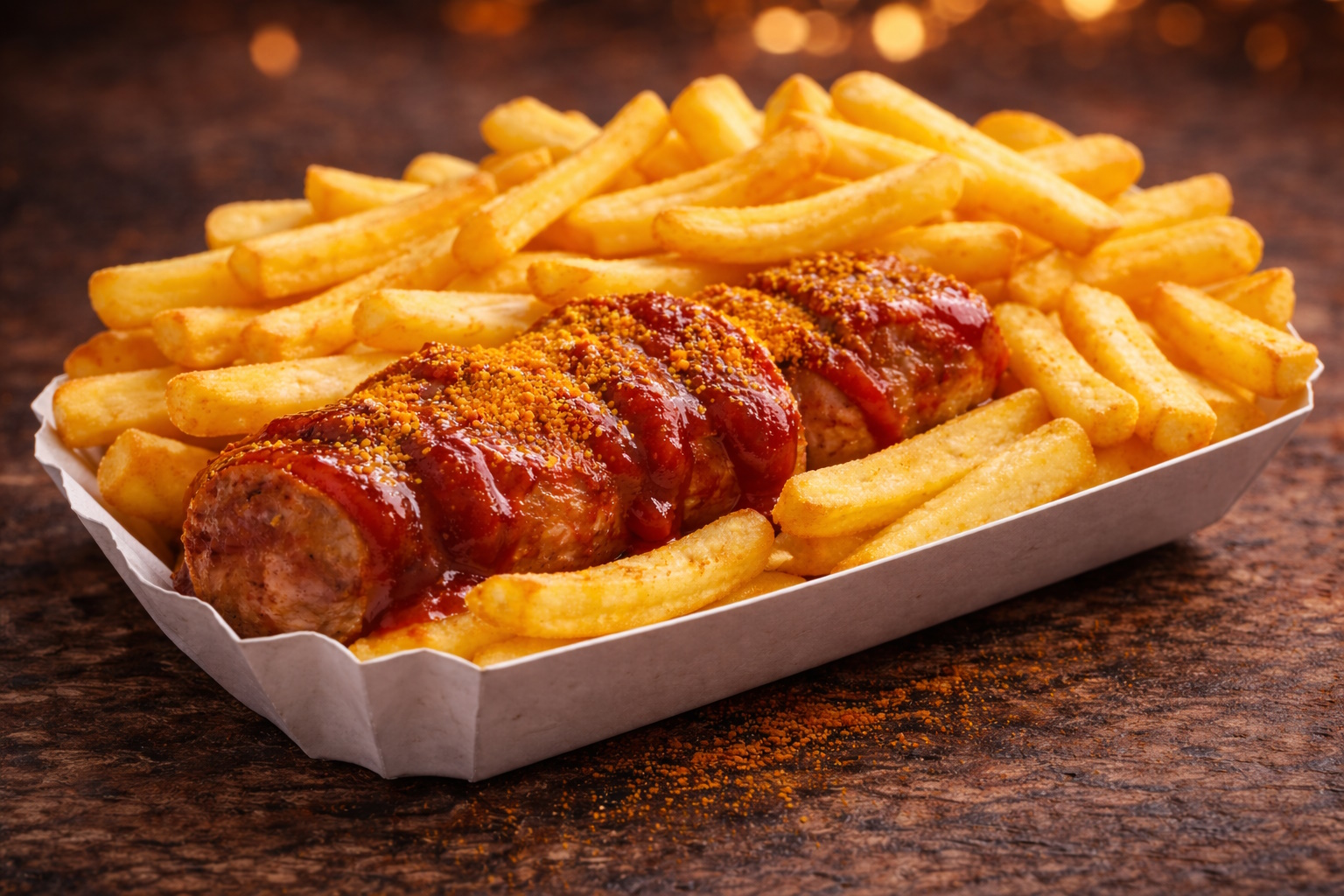 Currywurst mit Pommes vom Imbiss EKuLe für Catering und Events